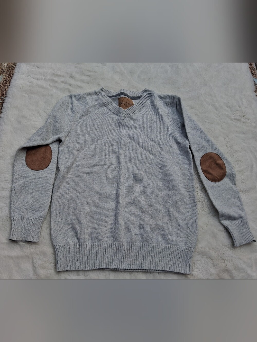 Kids Light Gray V-Neck Sweater with Brown Elbow Patches